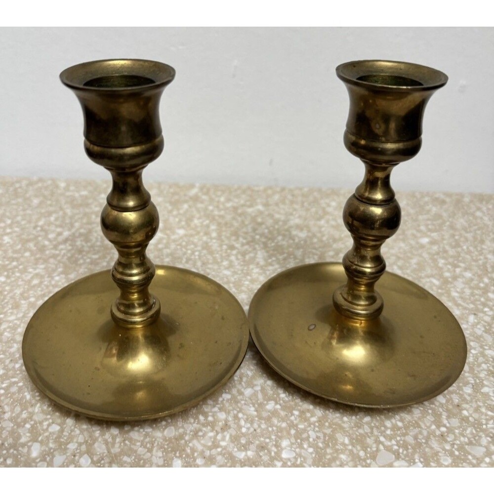 Pair of Small Antique Brass Candle Holders – Traditional Style